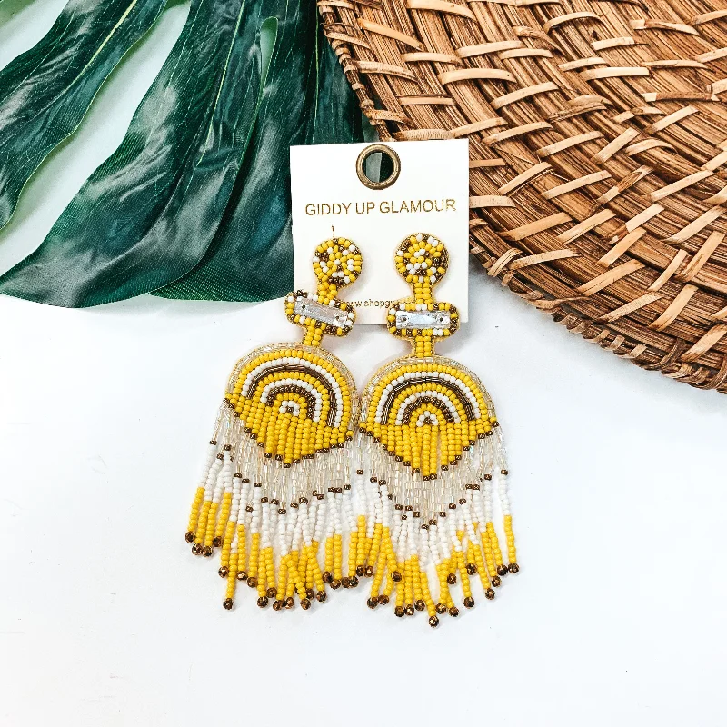 Personalized Drop Earrings-Balcony Views Seed Bead Fringe Earrings in Yellow