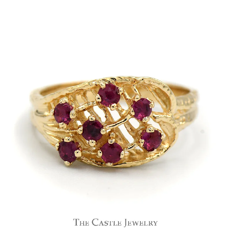 Personalized Gemstone Engagement Rings-Round Ruby Cluster Ring with Open Floral Design in 14k Yellow Gold