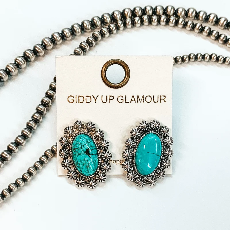 Custom Gemstone Hoop Earrings-Oval Studded Earrings with Large Center Stone in Turquoise