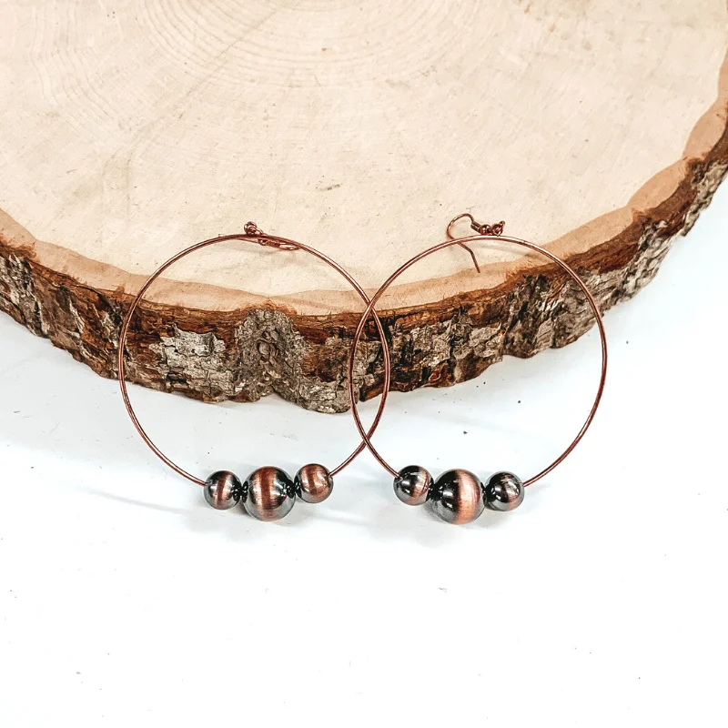 Simple Gold Hoop Earrings-Copper Tone Circle Drop Earrings with Copper Beads in Varying Sizes