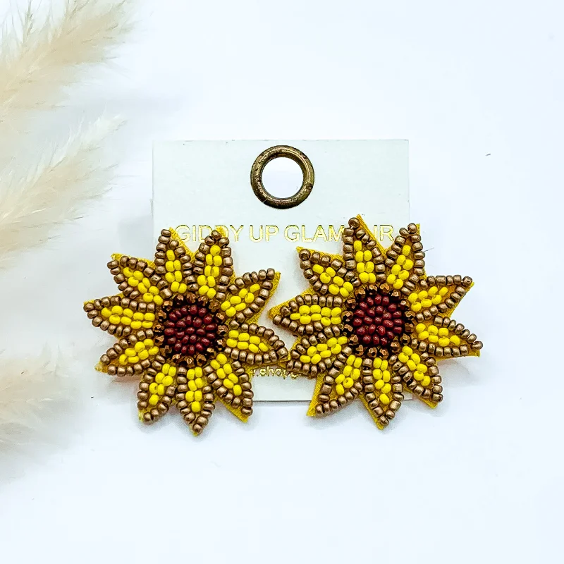 Luxury Gemstone Earrings-Beaded Sunflower Stud Earrings