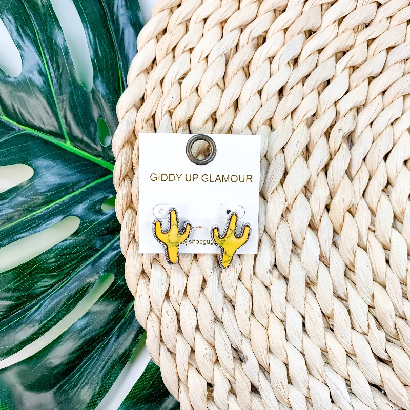 Luxury Pearl Earrings-Desert Dreamin' Cactus Stud Earrings in Mustard Yellow