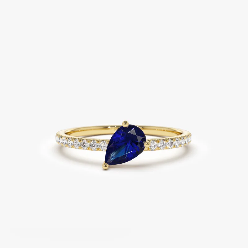 Gemstone Wedding Rings for Men-14k Slanted Pear Shape Sapphire Ring with Pave Diamonds