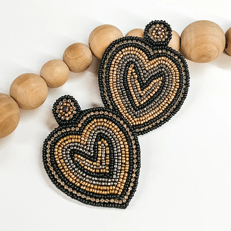 Modern Gold Drop Earrings-Beaded Heart Post Earrings in Black and Gold