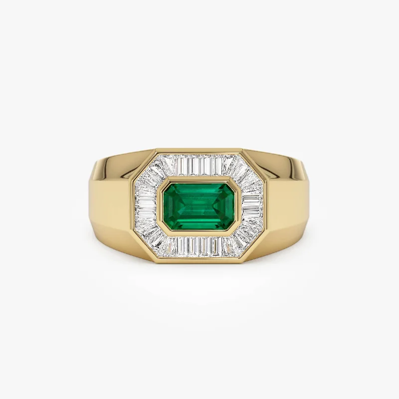 Handmade Promise Wedding Bands-14k Octagon Shape Baguette Diamond Emerald Ring