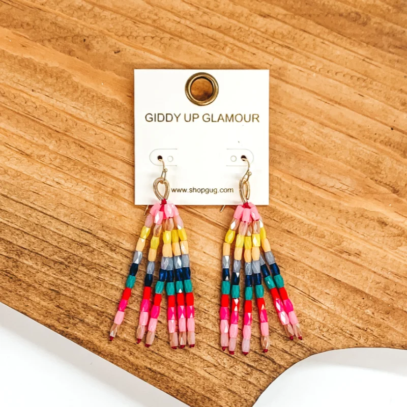 Simple Gold Earrings for Women-Crystal Beaded Tassel Earrings in Multicolored