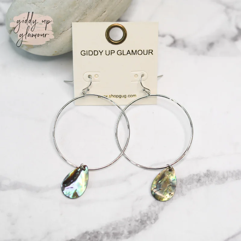 Elegant Silver Drop Earrings-Hoop Earrings with Abalone Shell Charm in Silver