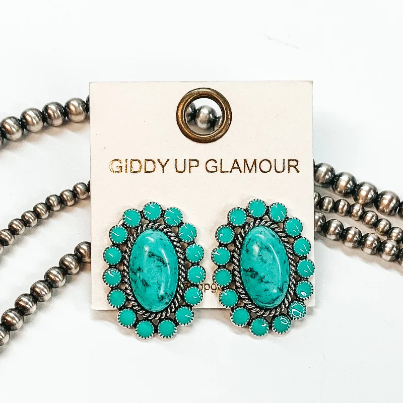 Trendy Gemstone Earrings-Turquoise Stone Concho Post Earrings