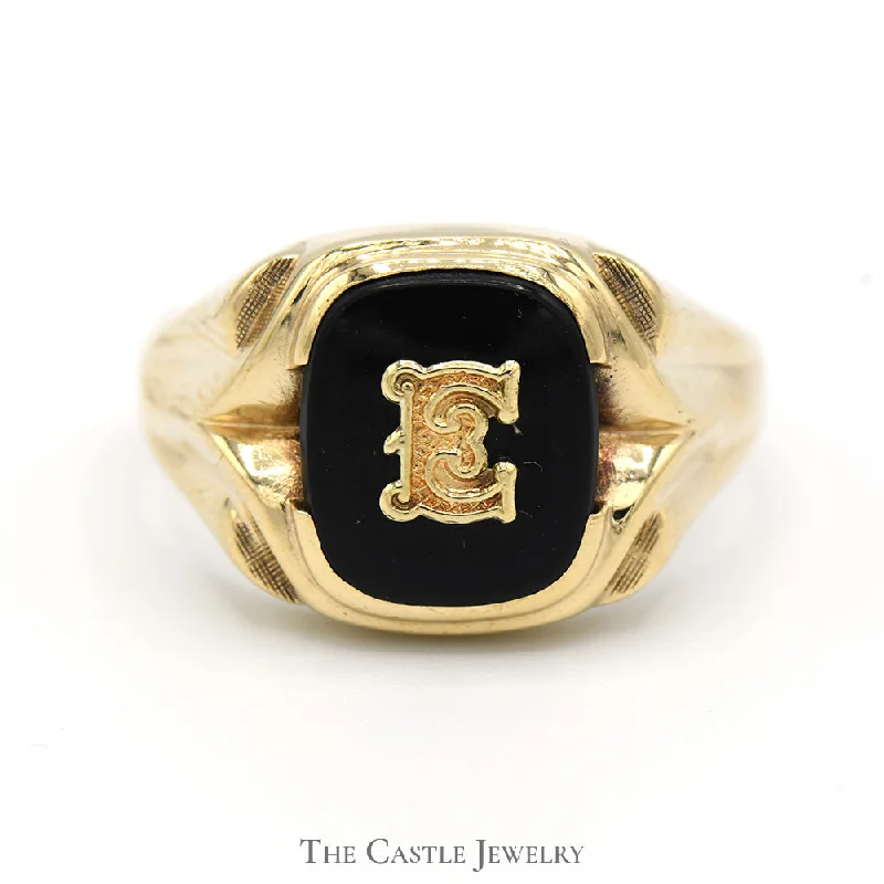 Vintage Engagement Rings for Men-Black Onyx "E" Initial Designed Ring in 10k Yellow Gold