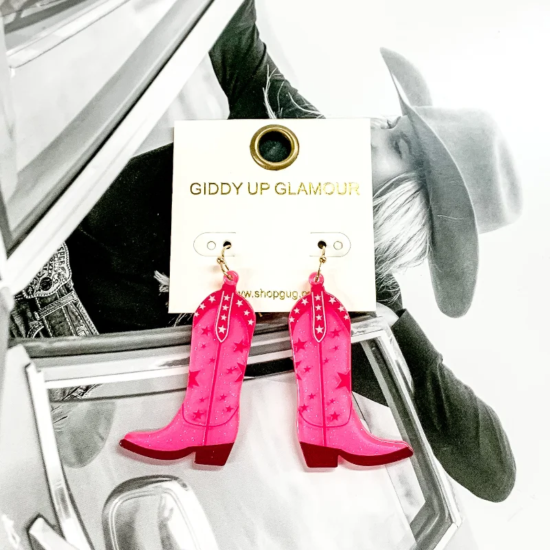 Crystal Drop Earrings-Cowboy Boot Dangle Earrings in Pink