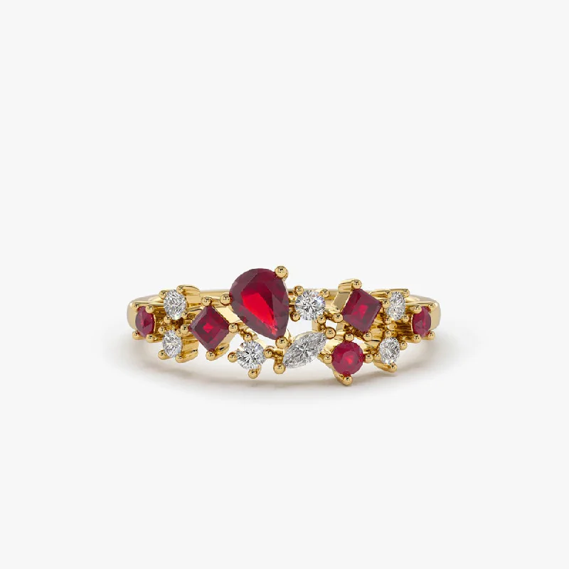 Custom Rings for Special Occasions-14k Ruby and Diamond Mixed Shape Cluster Ring