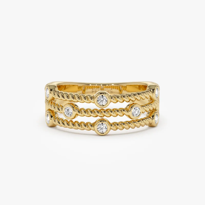 Men’s Designer Engagement Rings-14K Gold Twisted Rope Triple Diamond Ring