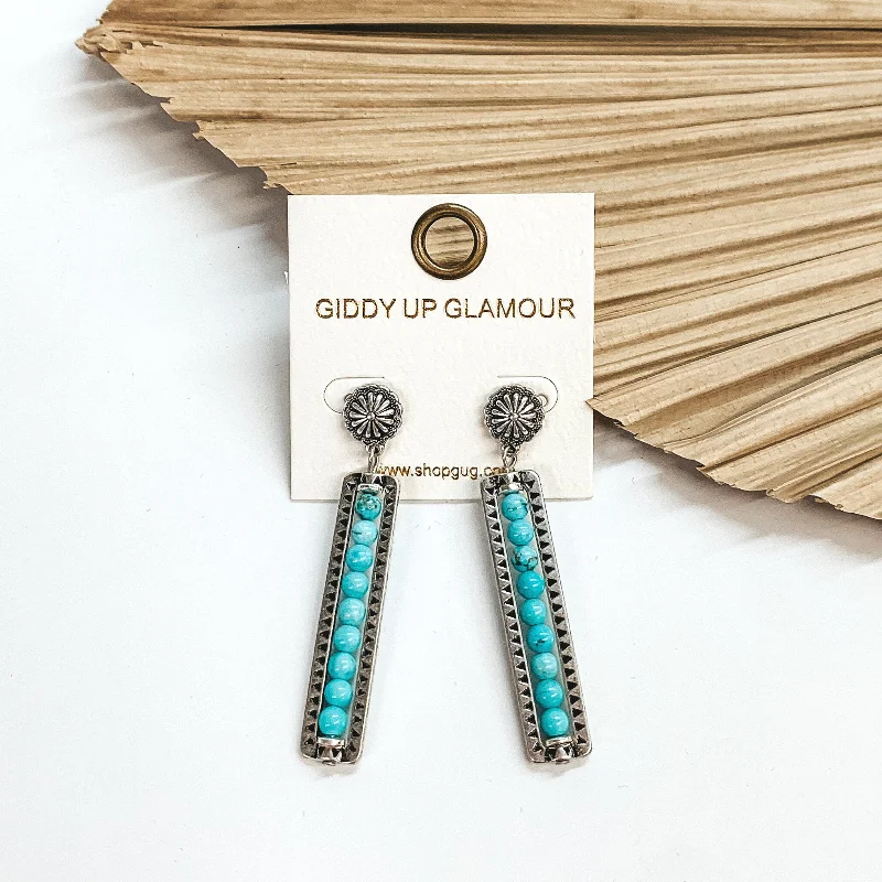 Personalized Silver Earrings-Friendly Ties Silver Concho Post Earrings with Stone Beaded Rectangle Bar Drop in Turquoise