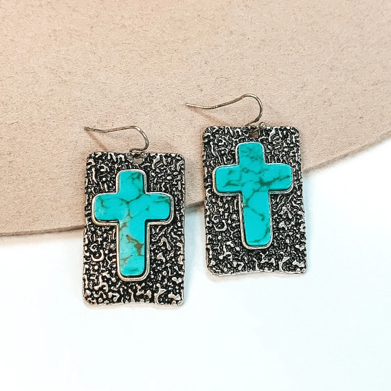 Geometric Crystal Earrings-Silver Rectangle Drop Earrings with Cross Stone in Turquoise