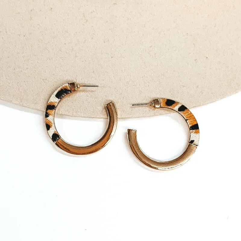 Large Gemstone Earrings for Women-Gold Flat Hoop Earrings with Half Leopard Print in White