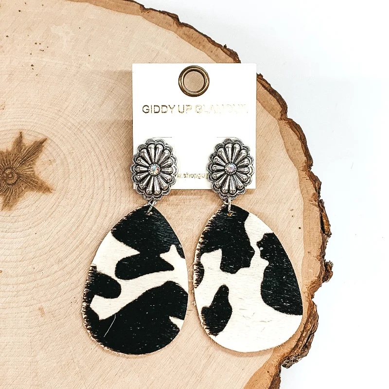 Geometric Gemstone Earrings for Women-Silver Tone Concho Stud Earrings with Hanging Teardrop in Black Cow Print