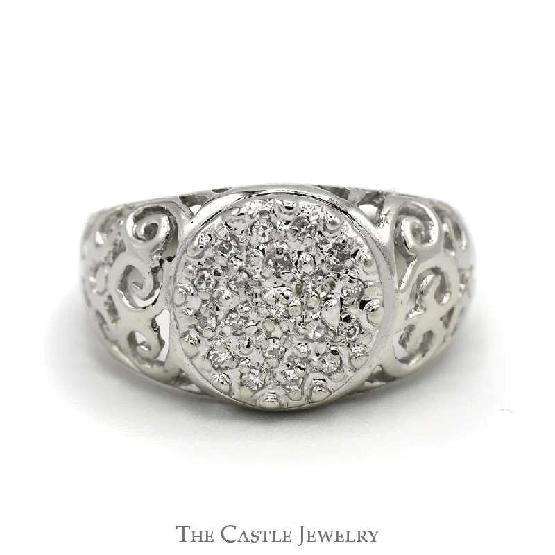 Handcrafted Gold Engagement Rings-Kentucky Diamond Cluster Ring with Filigree Sides in 10k White Gold