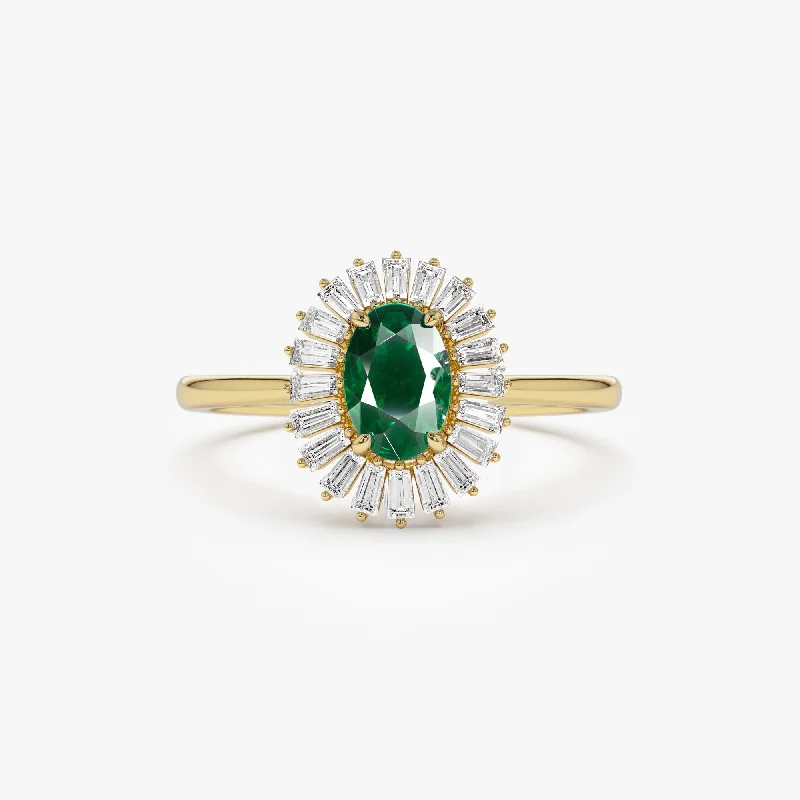 Personalized Wedding Ring Designs-14k Baguette Diamond Ballerina Oval Emerald Ring