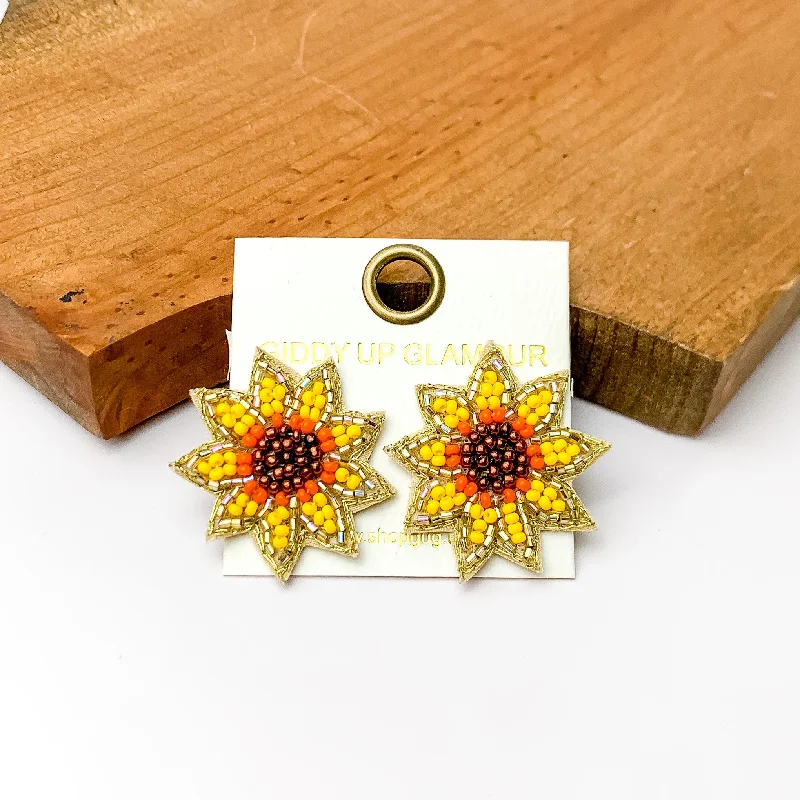 Simple Crystal Hoop Earrings-Summertime Beaded Sunflower Earrings