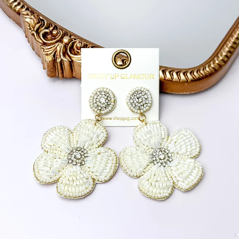 Large Pearl Drop Earrings-Beaded Flower Earrings in White with Crystal Stones