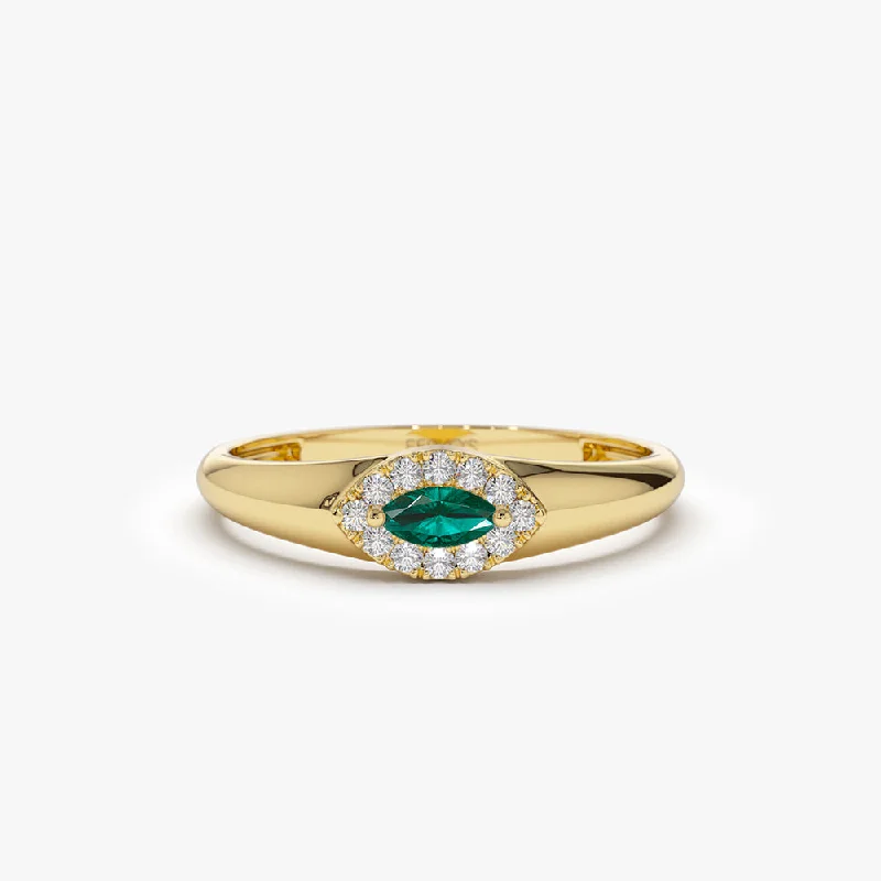 Custom Wedding Rings with Birthstone Inlays-14k Marquise Emerald Ring in Halo Setting