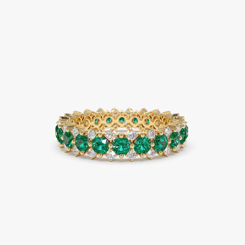 Handmade Engagement Bands-14k Full Eternity Round Emerald and Diamond Anniversary Ring