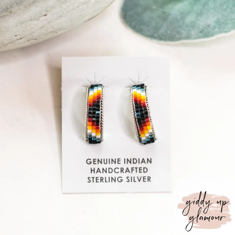 Simple Hoop Earrings for Women-Navajo | Navajo Handmade Small Multi Colored Aztec Beaded Hoop Earrings in Black