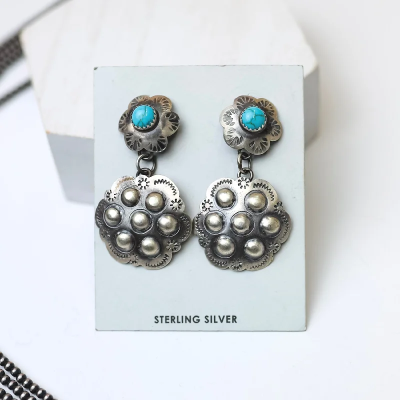 Large Drop Earrings for Women-Tim Yazzie | Navajo Handmade Sterling Silver Flower Drop Earrings with Turquoise Studs